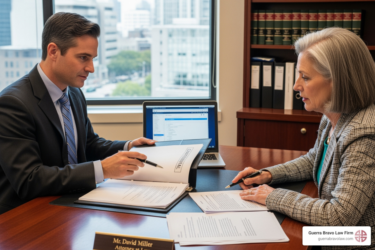 Attorney and client reviewing paperwork in an office - attorney for citizenship near me