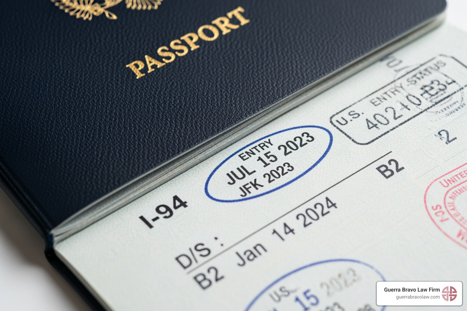 A close-up image of a passport page with a U.S. entry stamp and an I-94 annotation - visitor visa lawyer